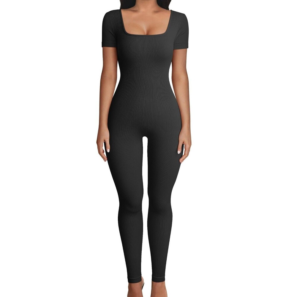 OQQ Ribbed Jumpsuit Small Black One-Piece Slimming Square Neck Short Sleeve NEW
